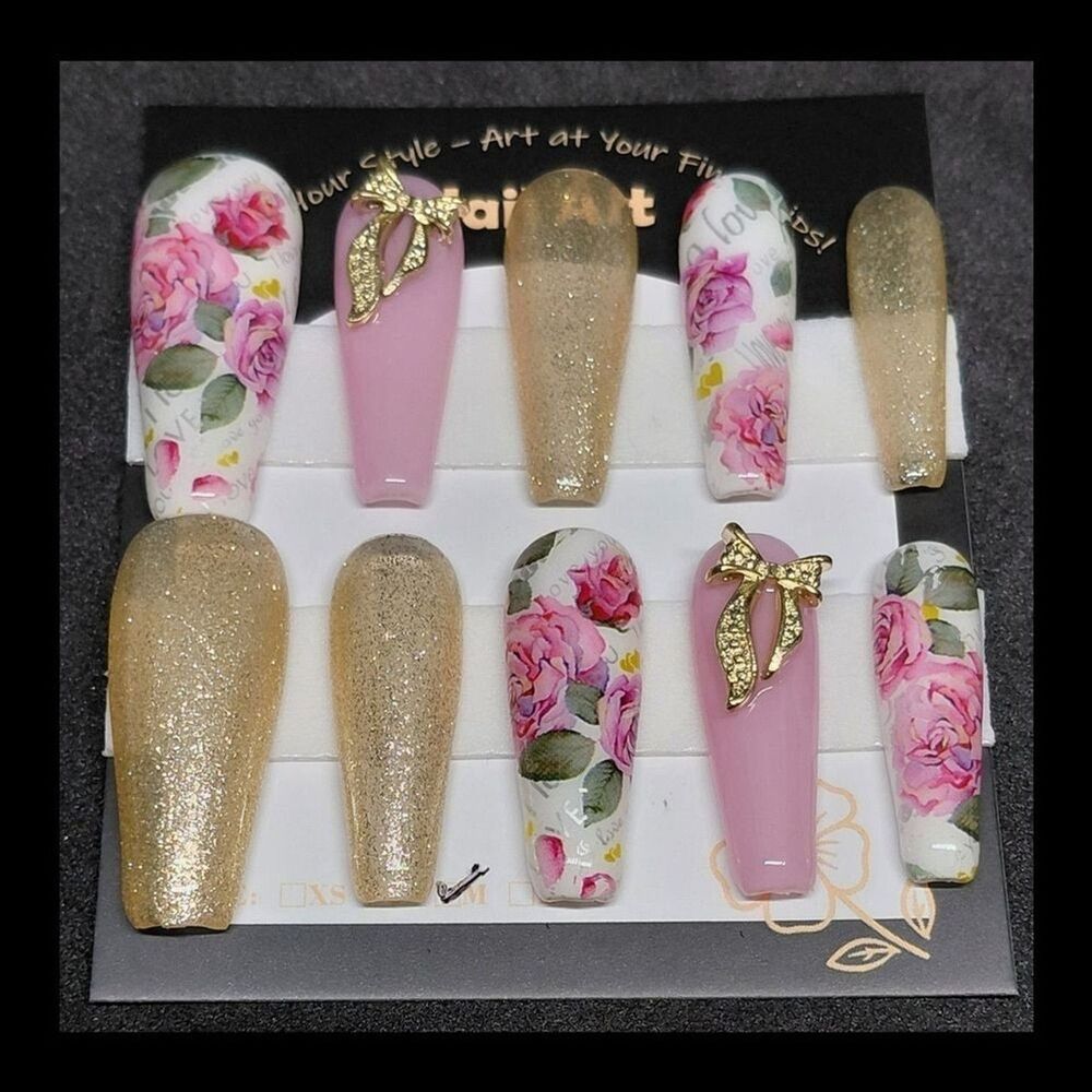 4/$40 ***Summer Sale***Floral and Glitter Handmade Hard Gel Press-On Nails